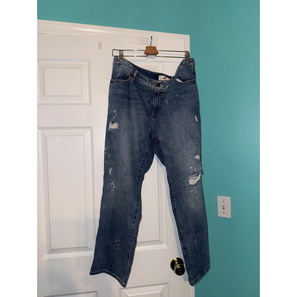 Cabi 100% BF Boyfriend Jeans Blue Distressed Paint Splatter Size 16 Straight Leg